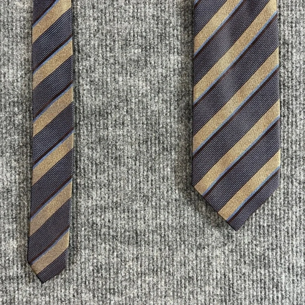 Bruno Marchesi Mens Silk Necktie Brown Tan Blue Diagonal Striped Handmade Tie
